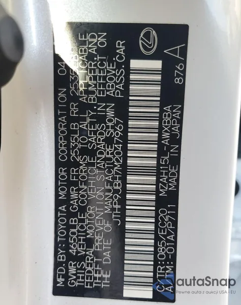 2021 Lexus Ux 250H из США, поврежденный, VIN JTHP9JBH7M2047967